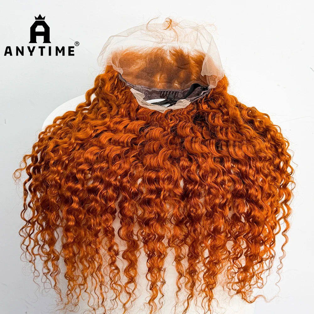 22 inches Water Wave Wavy Curly Human Hair 200% Density 13x4 Transparent Lace Front Human Hair Wig Ginger 350 Orange Color