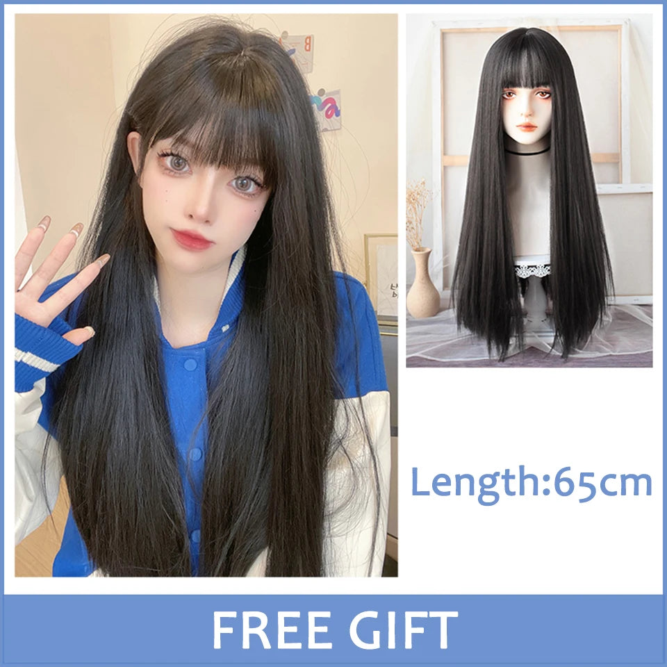 LM Synthetic Long Straight Lolita Wig with Bangs Wig Girl Cute Ombre Pink Blonde Black Cosplay Party Halloween Harajuku Wig