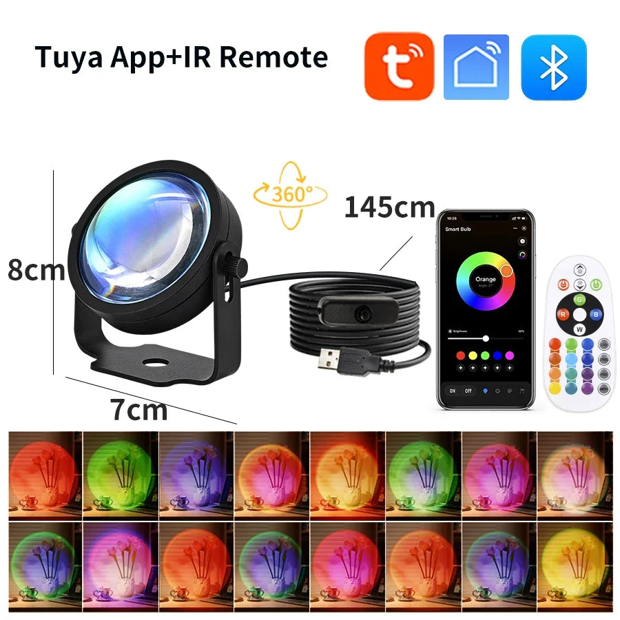 Smart Sunset Lamp Tuya USB Sunset Projector Light RGB Smart Life APP Remote For Room Photography Background Decor Lighting