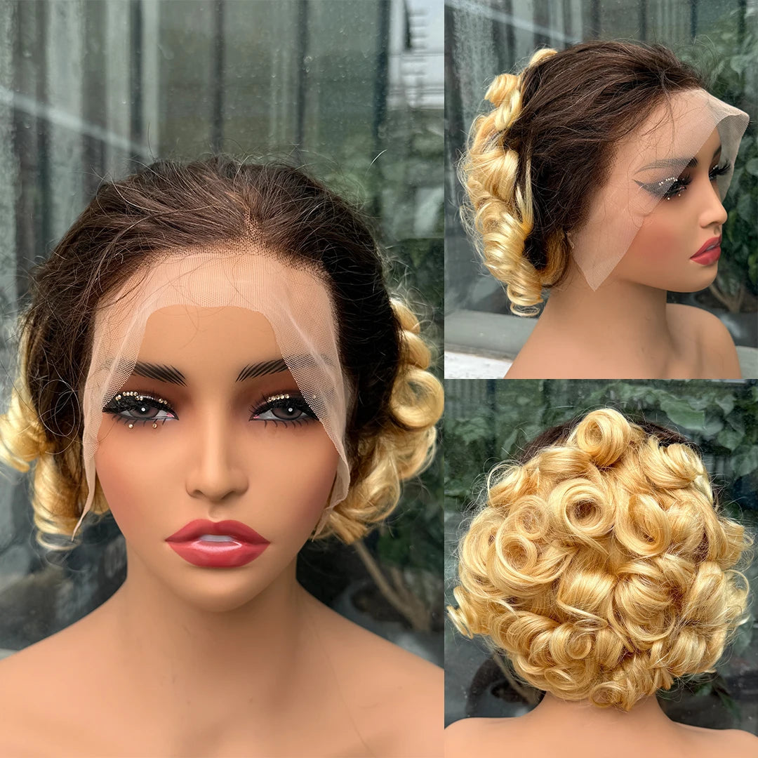 613# Pixie Cut Wigs Human Hair Loose Wave Curly Wig 13x4 Lace Front Human Hair Wig 260% Density 8Inch for Black Women
