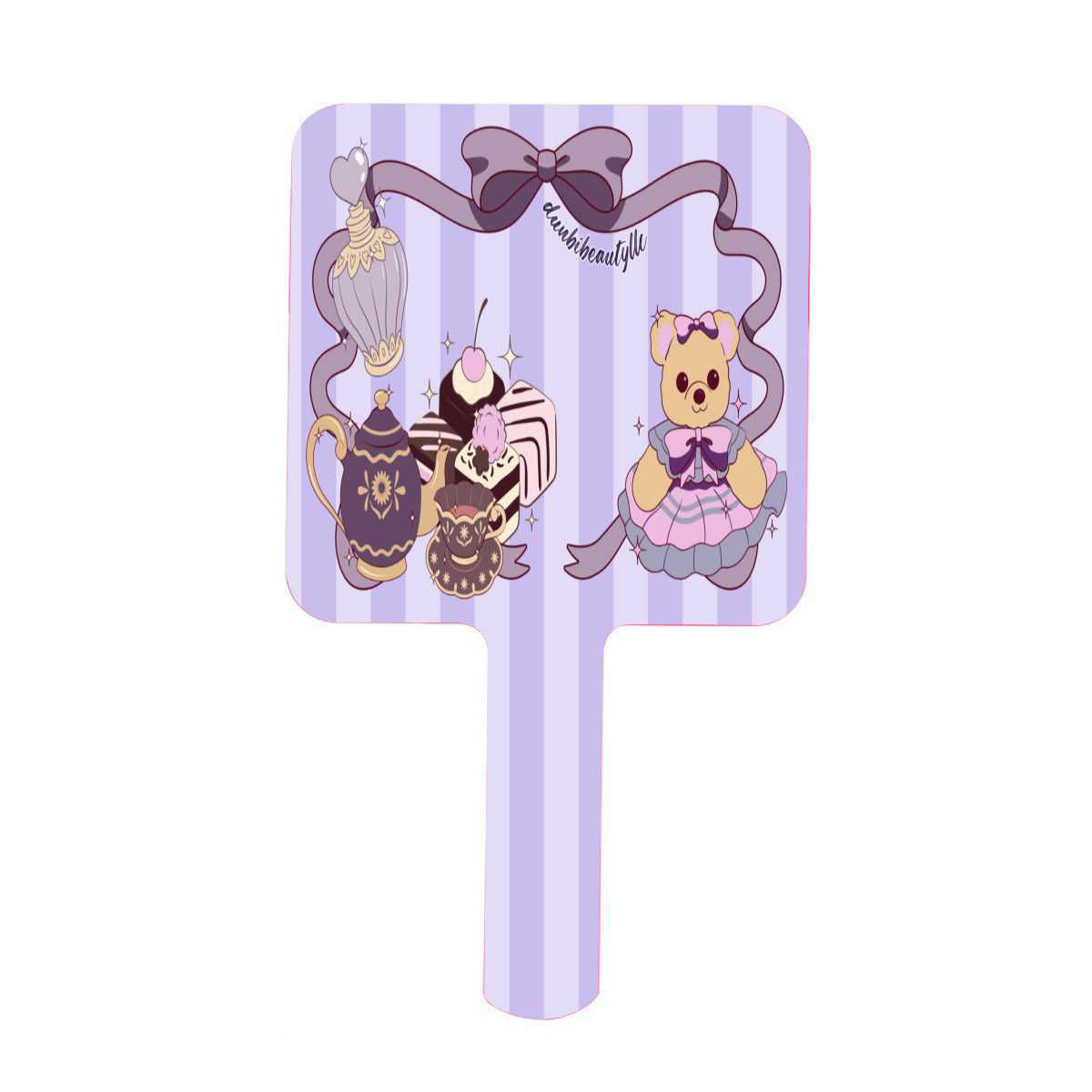 Handle Square Mirror|Rubber - Cute Teddy Bear, Tea Party, Ribbon, Bows, Cakes, Cute, Victorian, Doll, Cute Girl, Purple Style 1, Stripes (Designed by Dunbi)