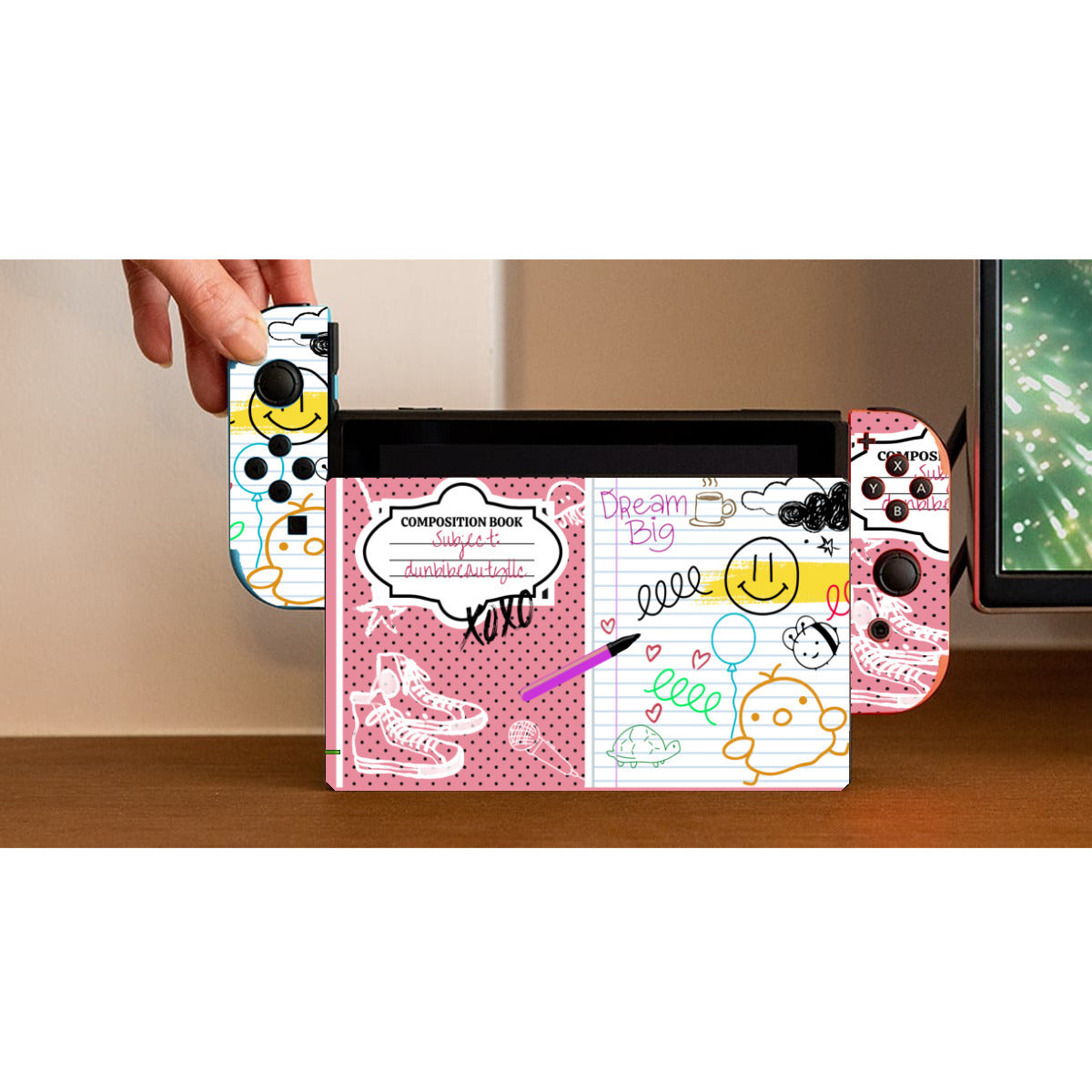 Nintendo Switch Game Console Stickers |PVC - Back to School, Composition Notebook Style, Doodles, Scribbles, Writing, Girl, Pink (Designed by Dunbi)