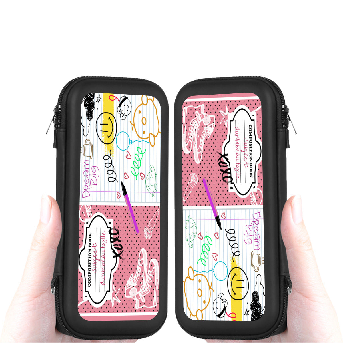 Nintendo Switch Storage Bag (Double-Sided Printing)|Eva Material - Back to School, Composition Notebook Style, Doodles, Scribbles, Writing, Green, Pink (Designed by Dunbi)