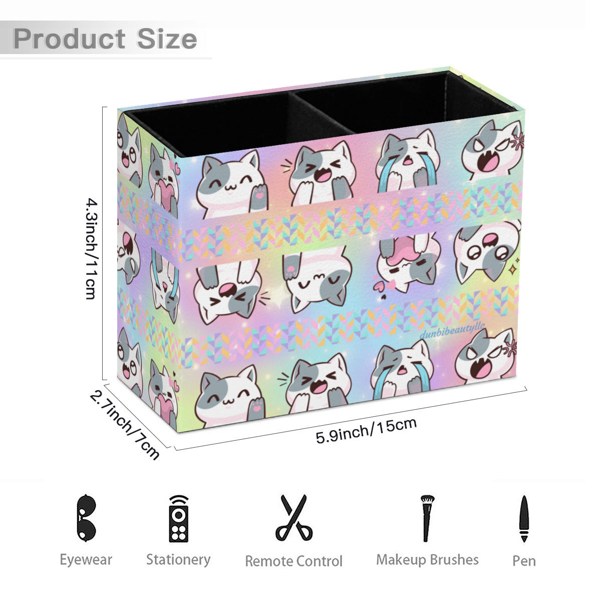 Retro Two-Compartment Pencil Holder|PU -Kawaii Cat, Anime Style, Cartoon, Emotions, Happy, Sad, Angry, Laughing, Pastel Rainbow Background (Designed by Dunbi)