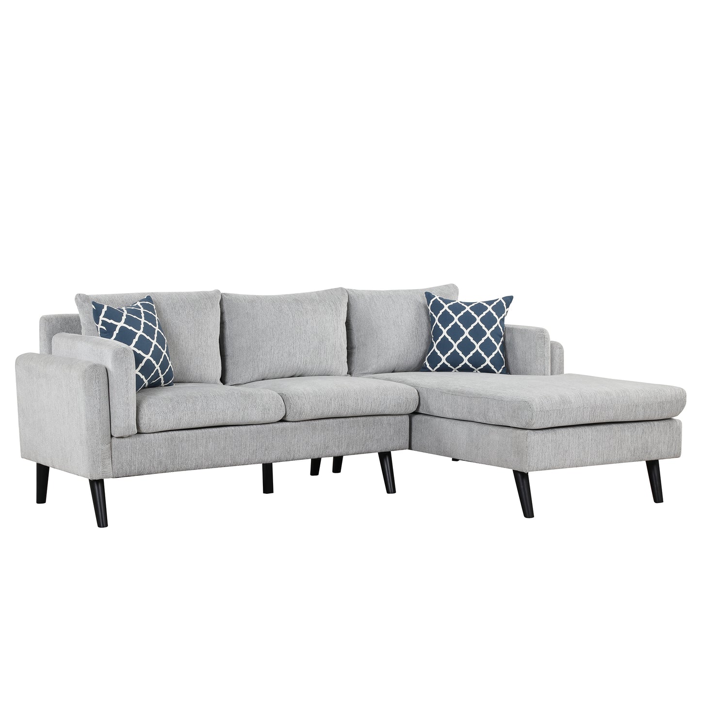 84.65" Modern Upholstered L-Shape Sofa Couch with Chaise and 2 Pillows,3-Seater Couch with rubber wood legs for Living Room,Apartment,Small Space,Light Gray