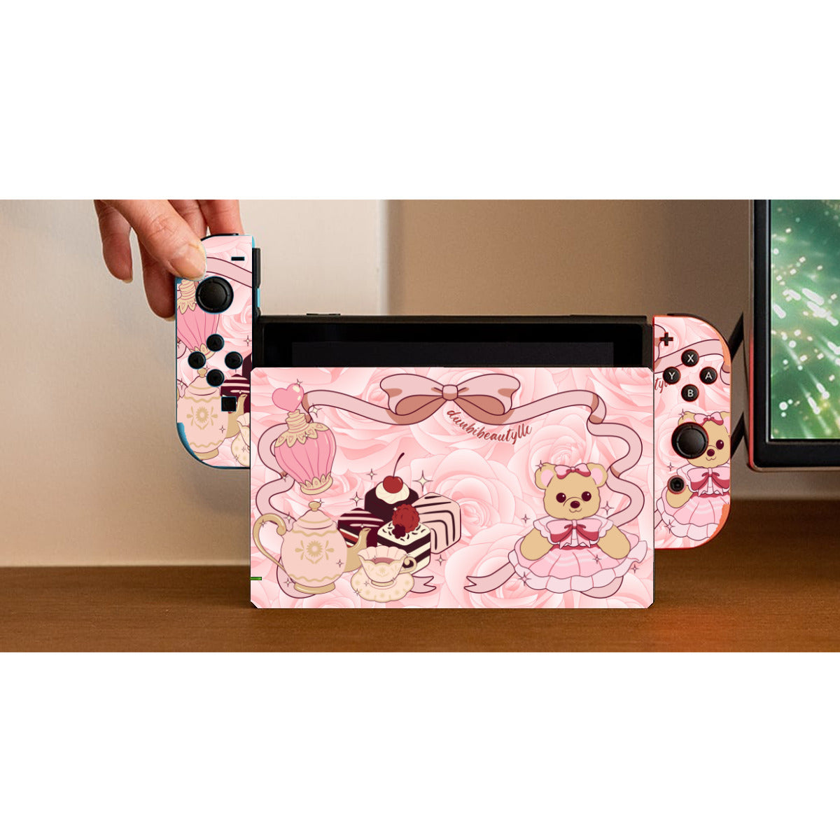 Nintendo Switch Game Console Stickers |PVC - Cute Teddy Bear, Tea Party, Ribbon, Bows, Cakes, Cute, Victorian, Doll, Cute Girl, Pink Style 2, Roses (Designed by Dunbi)