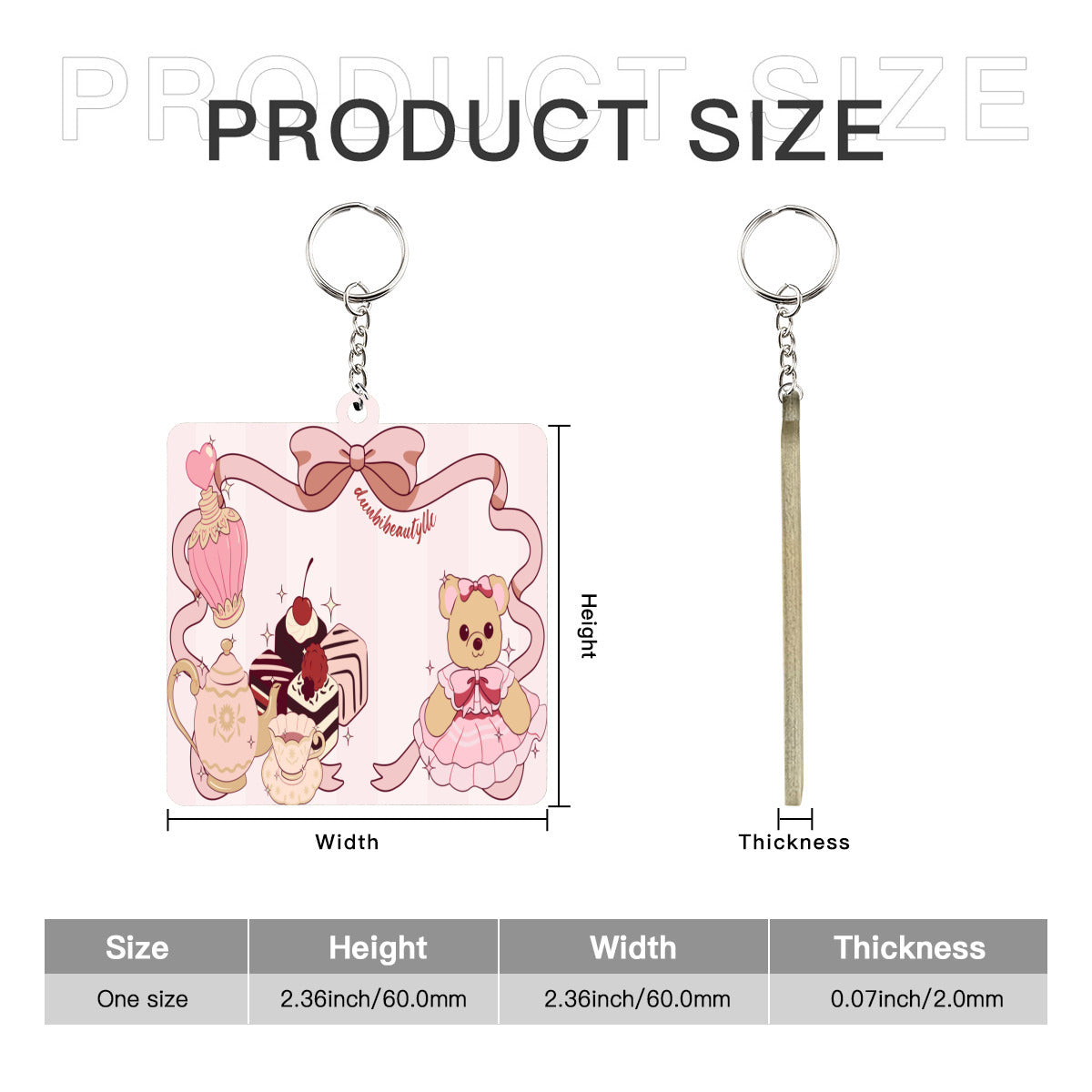 Wooden square keychain (double-sided design) | Cute Teddy Bear, Tea Party, Ribbon, Bows, Cakes, Cute, Victorian, Doll, Cute Girl, Pink Style 1, Stripes (Designed by Dunbi)