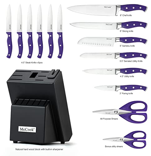 McCook MC27 14 Pieces Stainless Steel kitchen knife set with Wooden Block, Kitchen Scissors and Built-in Sharpener, Purple