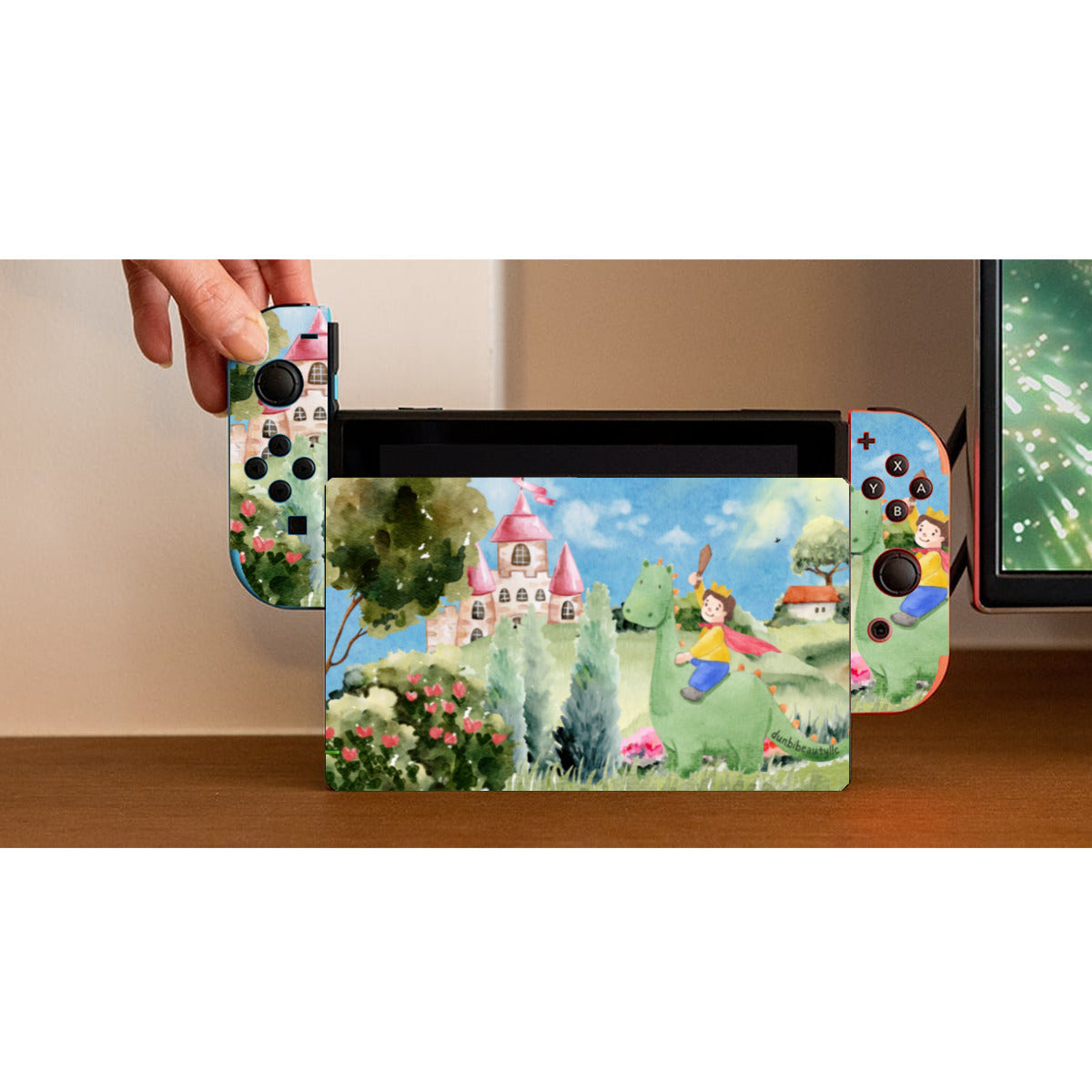 Nintendo Switch Game Console Stickers |PVC -Boy, Watercolor, Castle, Dragon, Garden, Prince, Crown, Cape, Wooden Sword, Clouds (Designed by Dunbi)