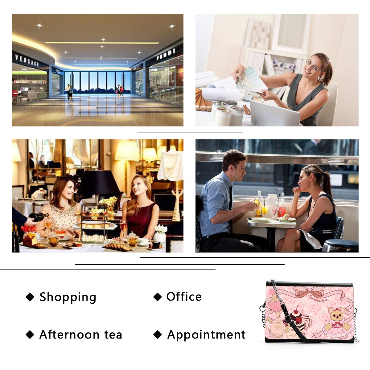 Women's Multifunctional Satchel| PU Cute Teddy Bear, Tea Party, Ribbon, Bows, Cakes, Cute, Victorian, Doll, Cute Girl, Pink Style 2, Roses (Designed by Dunbi)