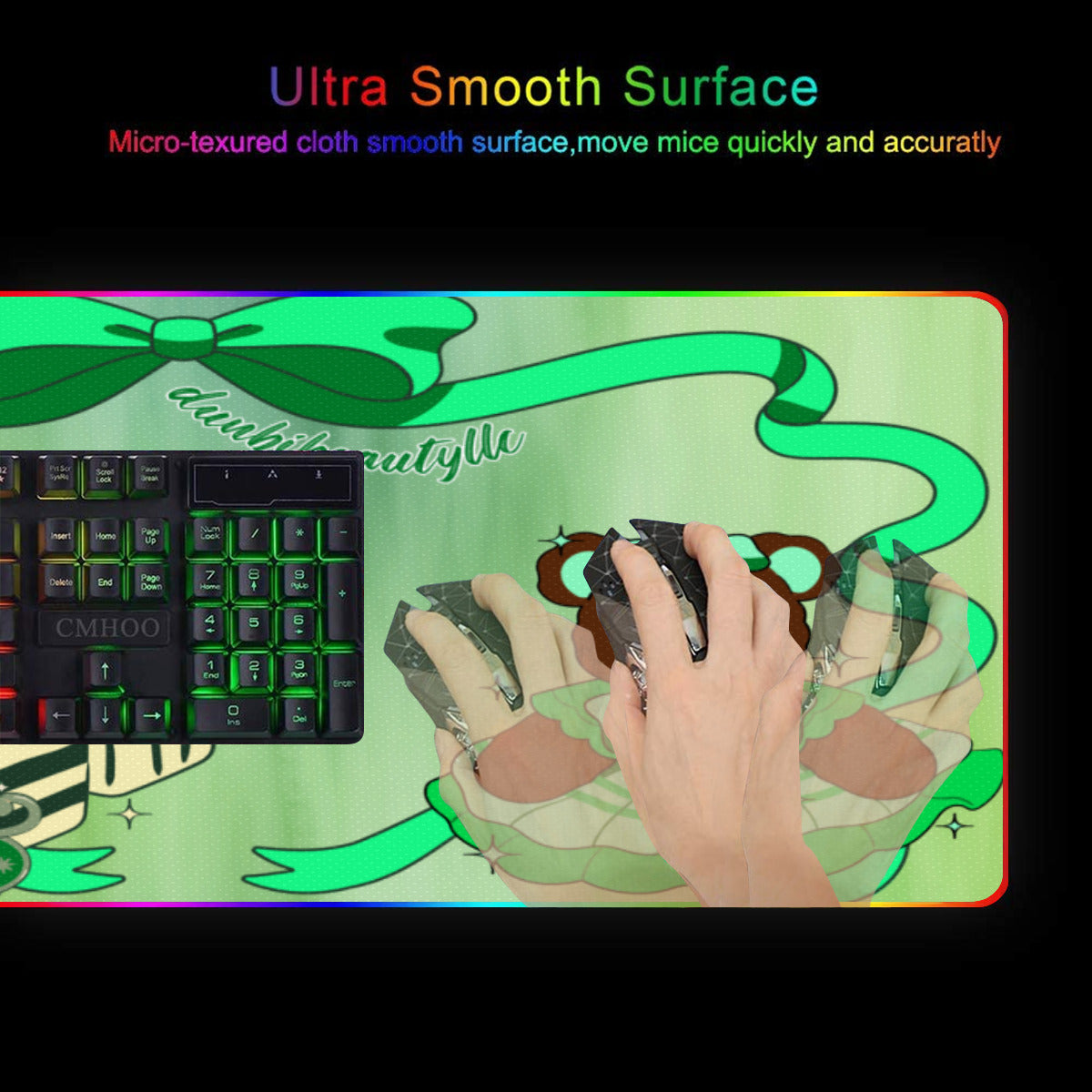 Illuminated Mouse Pad|Rubber - Cute Teddy Bear, Tea Party, Ribbon, Bows, Cakes, Cute, Victorian, Doll, Cute Girl, Green Style 2 (Designed by Dunbi)