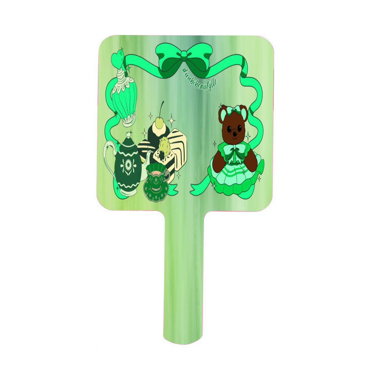 Handle Square Mirror|Rubber - Cute Teddy Bear, Tea Party, Ribbon, Bows, Cakes, Cute, Victorian, Doll, Cute Girl, Green Style 2 (Designed by Dunbi)