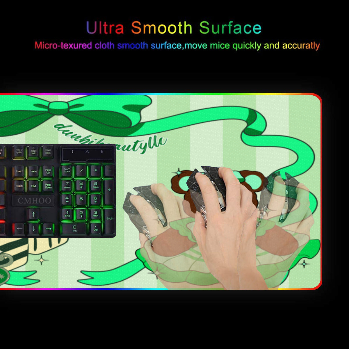 Illuminated Mouse Pad|Rubber - Cute Teddy Bear, Tea Party, Ribbon, Bows, Cakes, Cute, Victorian, Doll, Cute Girl, Green Style 1, Stripes (Designed by Dunbi)