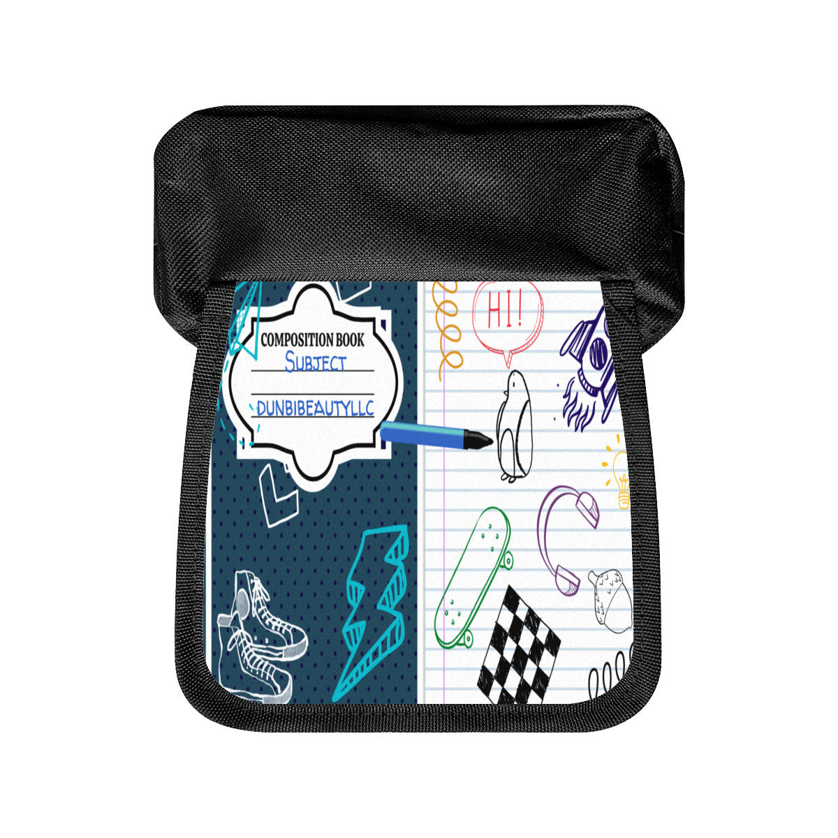Double Flap Pencil Case|Oxford Fabric - Back to School, Composition Notebook Style, Doodles, Scribbles, Writing, Boy, Blue (Designed by Dunbi)