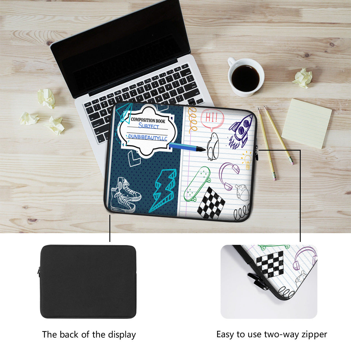 Laptop Padded Lined Bag|Polyester -Back to School, Composition Notebook Style, Doodles, Scribbles, Writing, Boy, Blue (Designed by Dunbi)