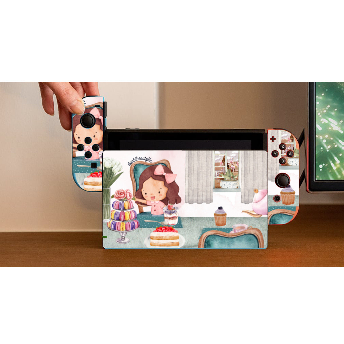 Nintendo Switch Game Console Stickers |PVC -Tea Party, Happy, Cute, Cake, Macarons, Cupcake, Tea, Snacks, Party, Bow, Parfait, Dessert (Designed by Dunbi)