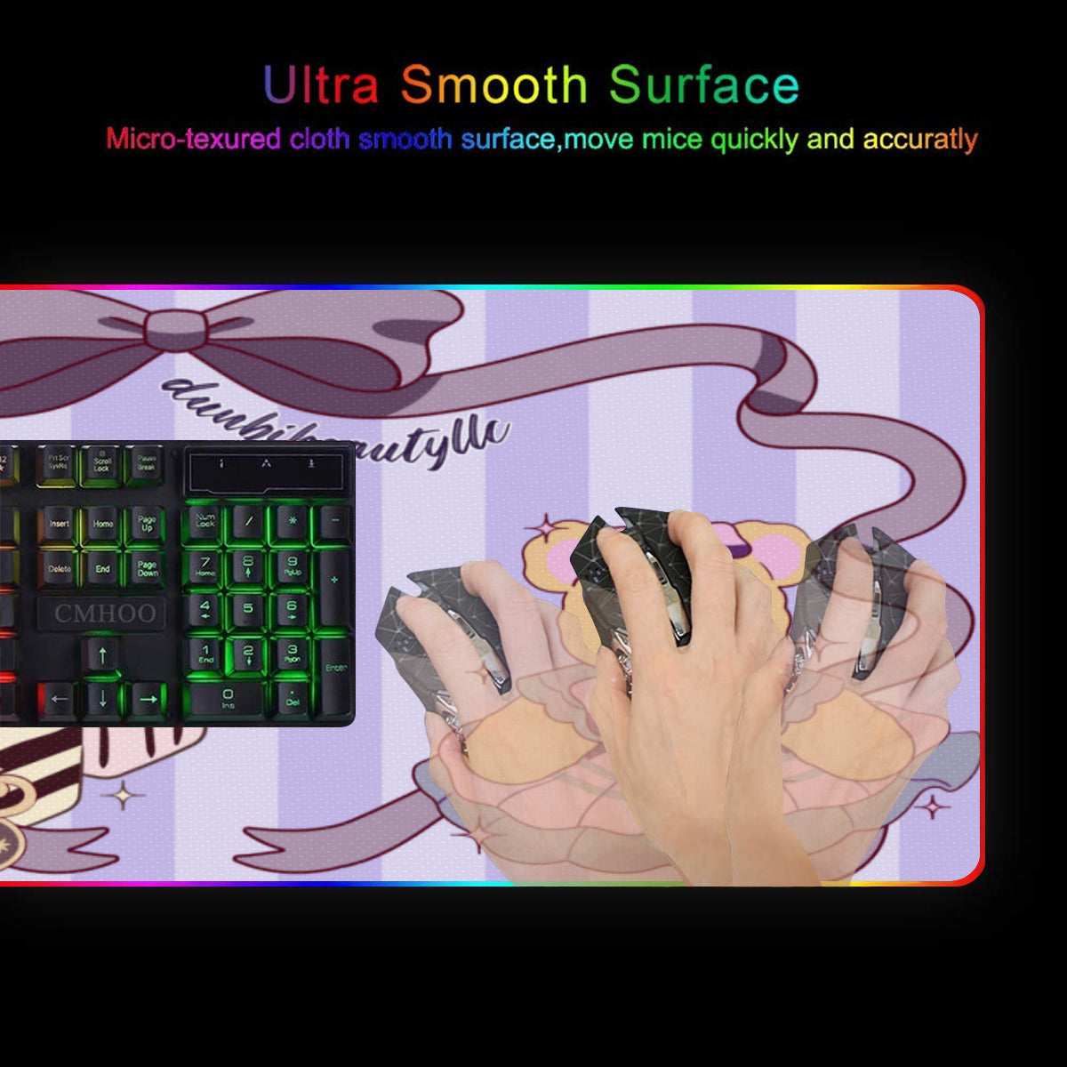 Illuminated Mouse Pad|Rubber - Cute Teddy Bear, Tea Party, Ribbon, Bows, Cakes, Cute, Victorian, Doll, Cute Girl, Purple Style 1, Stripes (Designed by Dunbi)