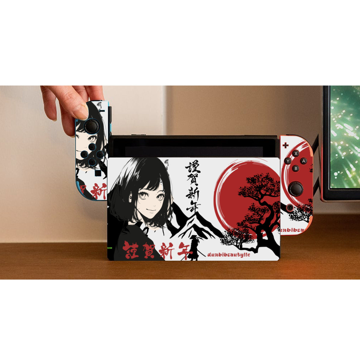 Nintendo Switch Game Console Stickers |PVC - Japan, Japanese, Red, Samurai, Pretty Girl, Tiger, Kanji, Mountains (Designed by Dunbi)