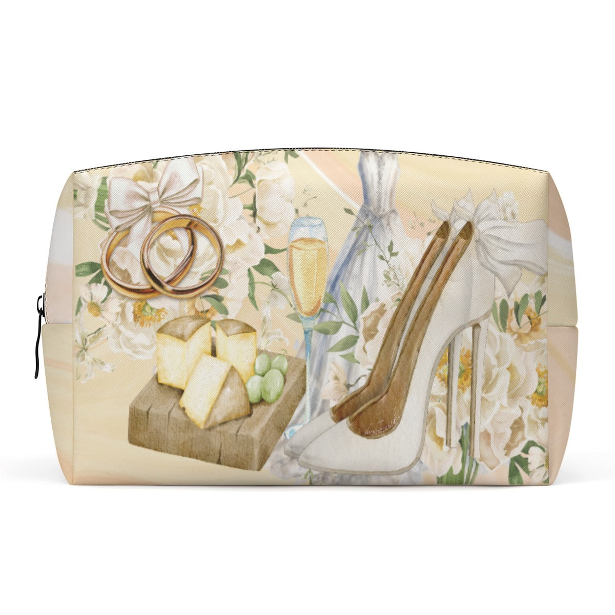 PU Cosmetic Bag The Lovely Bride, Wedding, High Heels, Wedding Dress, Bouquet, White, Rings, Cheese Board, White Grapes, Champagne, Tie the Knot (Designed by Dunbi)