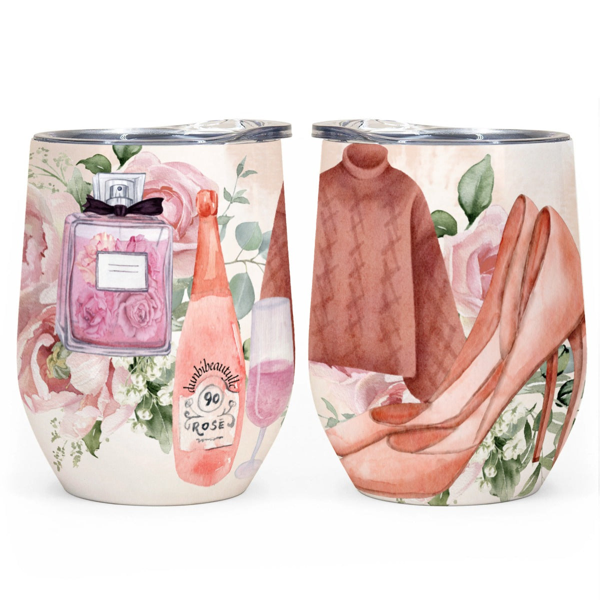 All-Over Print Egg Cup Wine Tumbler|12OZ Dusty Rose, Pink, Perfume, High Heels Champagne & Roses, Aesthetic, Feminine, Fashion (Designed by Dunbi)
