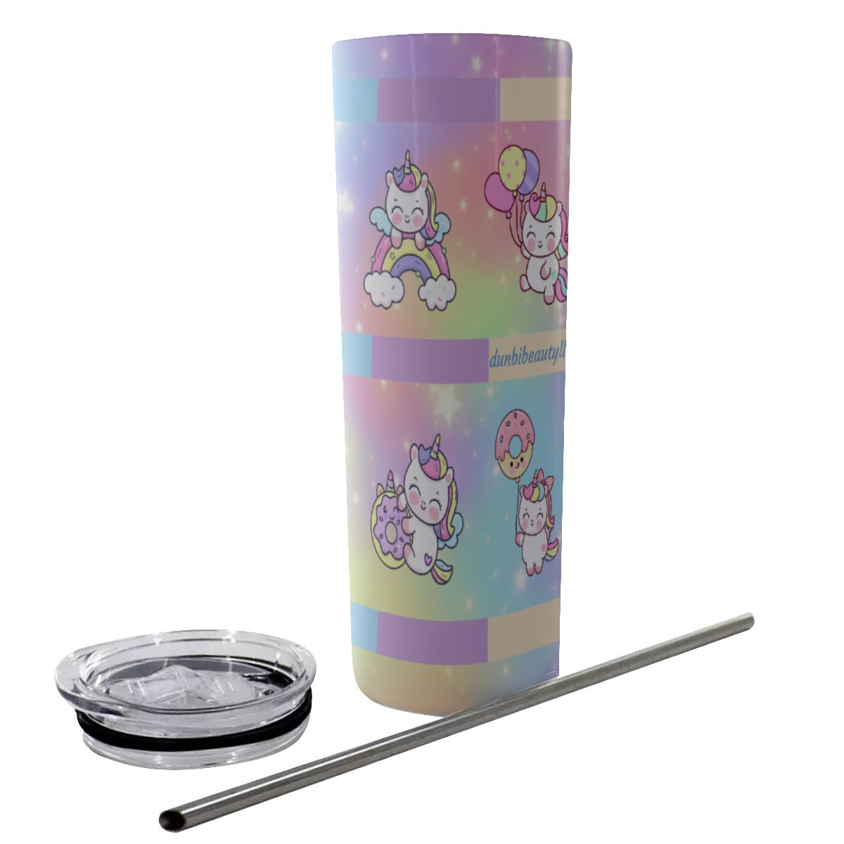 Glitter Tumbler With Stainless Steel Straw 20oz Kawaii Unicorn, Pastel Rainbow, Clouds, Pink, Purple, Blue, Yellow, Sleepy Unicorn, Hungry Unicorn, Moon, Candy, Donuts, Ice Cream (Designed by Dunbi)