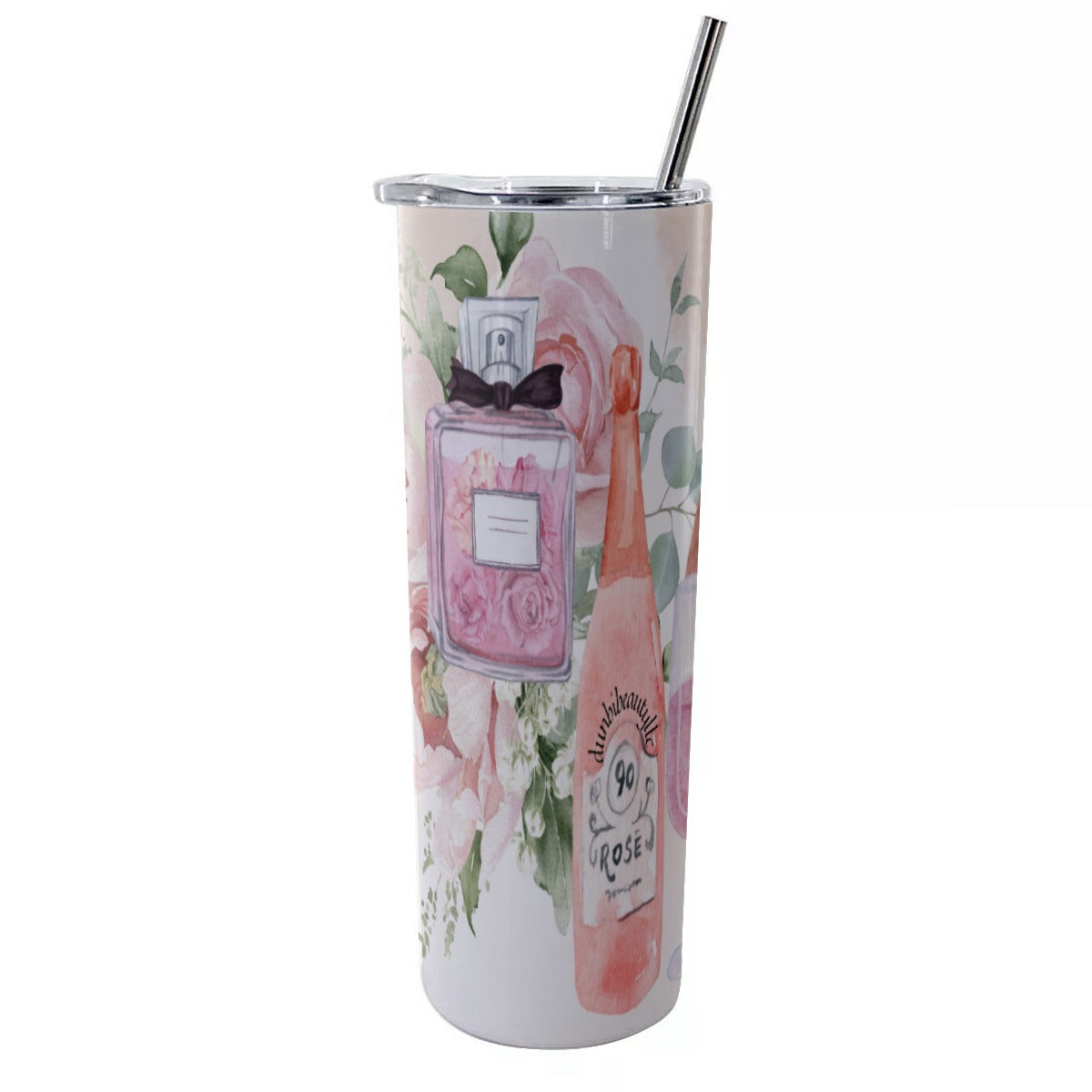 Glitter Tumbler With Stainless Steel Straw 20oz Dusty Rose, Pink, Perfume, High Heels Champagne & Roses, Aesthetic, Feminine, Fashion (Designed by Dunbi)