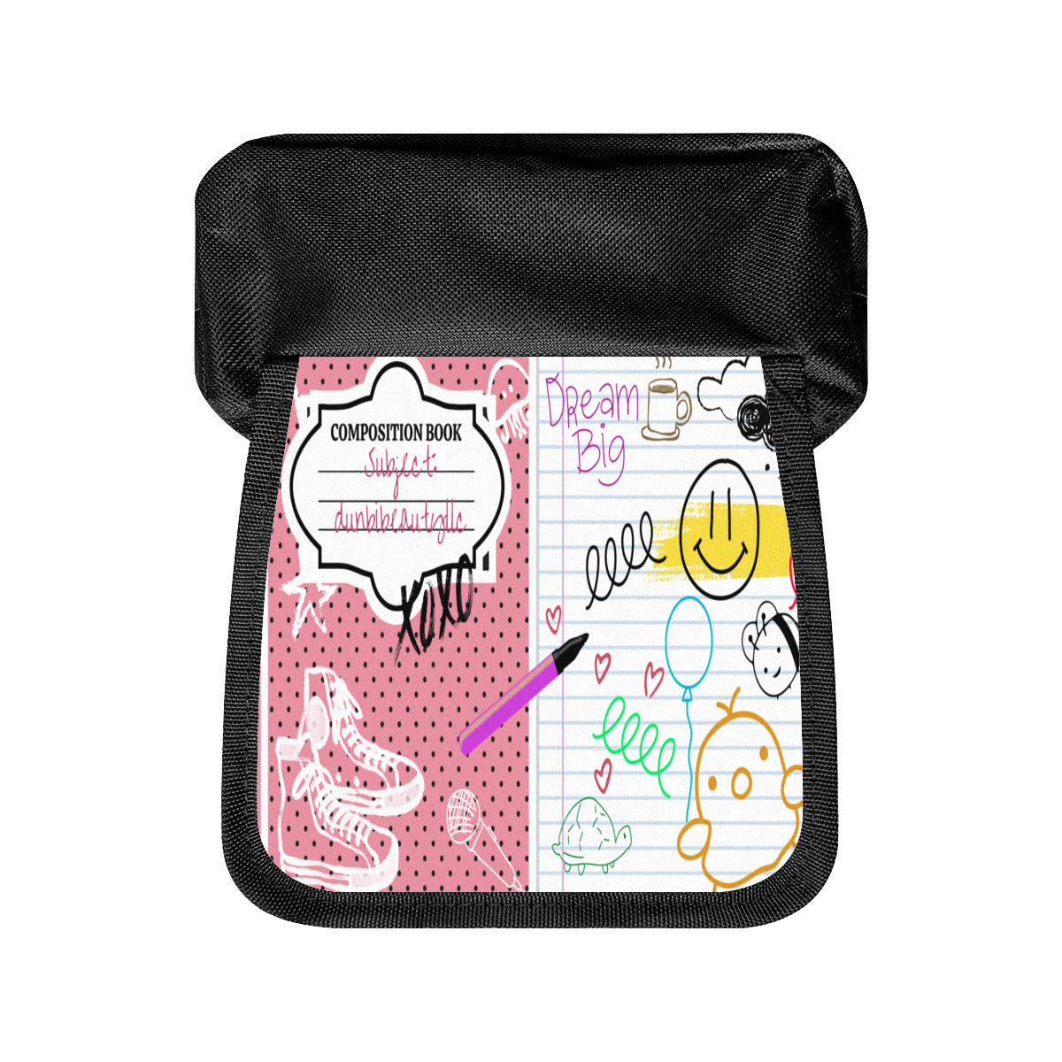 Double Flap Pencil Case|Oxford Fabric -Back to School, Composition Notebook Style, Doodles, Scribbles, Writing, Girl, Pink (Designed by Dunbi)