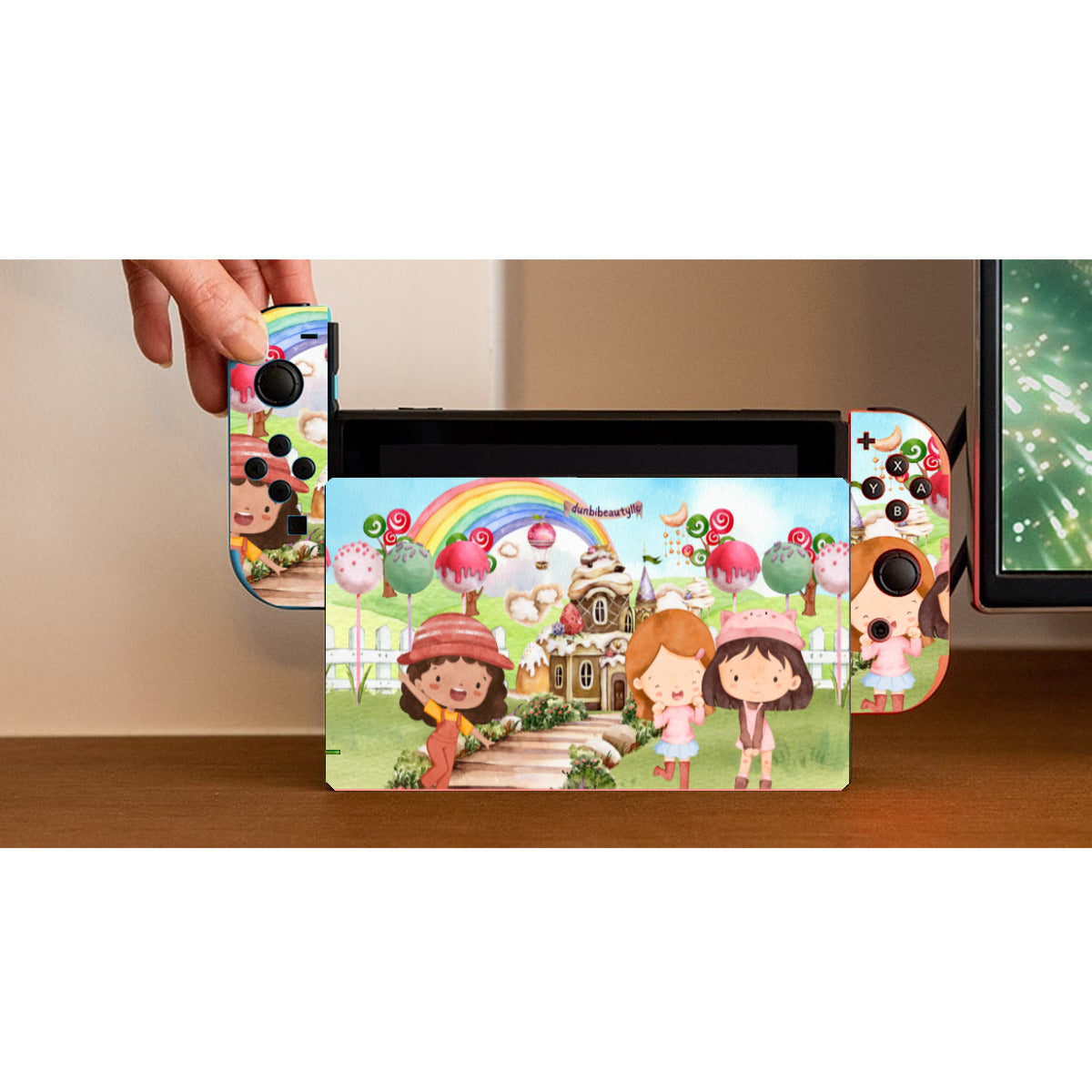 Nintendo Switch Game Console Stickers |PVC -Watercolor, Candy, Pastel, Lollypops, Chocolate, Treats, Dessert, Girls, Friends, Rainbow, Candy Shop, Hot Air Balloon, Cake Pops, Chocolate Clouds (Designed by Dunbi)
