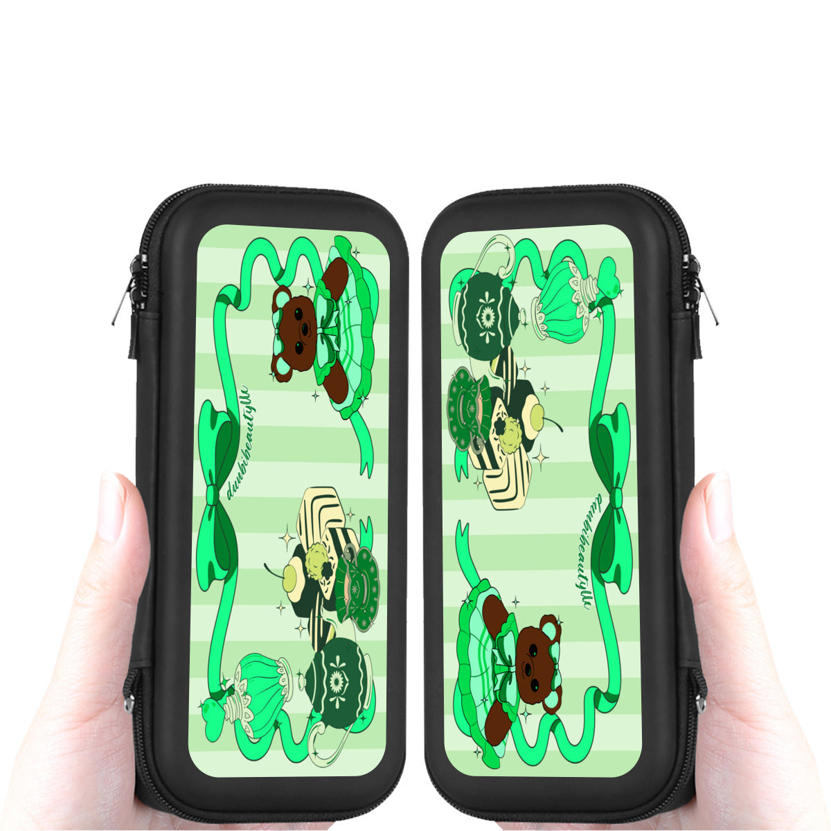 Nintendo Switch Storage Bag (Double-Sided Printing)|Eva Material -Cute Teddy Bear, Tea Party, Ribbon, Bows, Cakes, Cute, Victorian, Doll, Cute Girl, Green Style 1, Stripes (Designed by Dunbi)