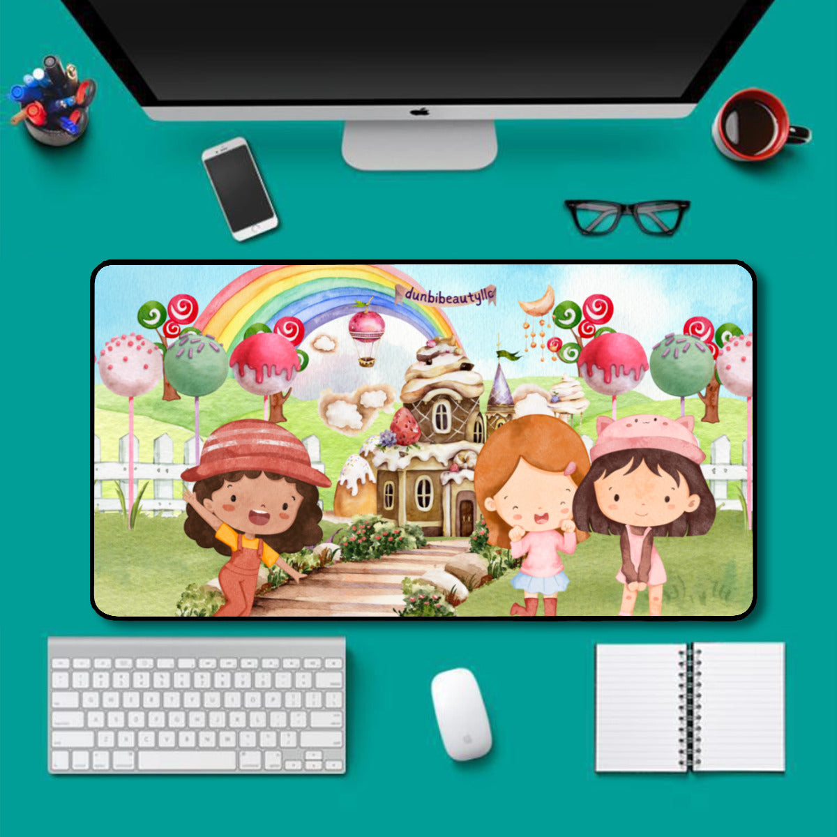 Black Lock Edge Mouse Pad (16×30inch)|Polyester -Watercolor, Candy, Pastel, Lollypops, Chocolate, Treats, Dessert, Girls, Friends, Rainbow, Candy Shop, Hot Air Balloon, Cake Pops, Chocolate Clouds (Designed by Dunbi)