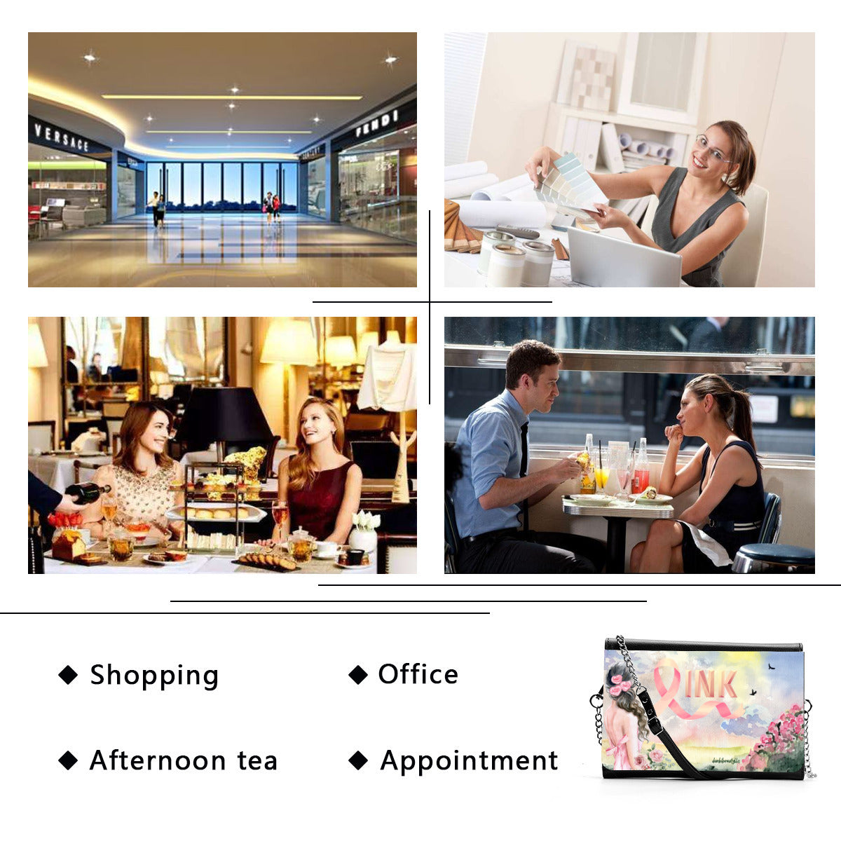 Women's Multifunctional Satchel| PU -Pastel Pink, Breast Cancer Awareness, Open Field, Day, Birds, Flowers, Bows and Ribbons, Watercolor Sunlight (Designed by Dunbi)