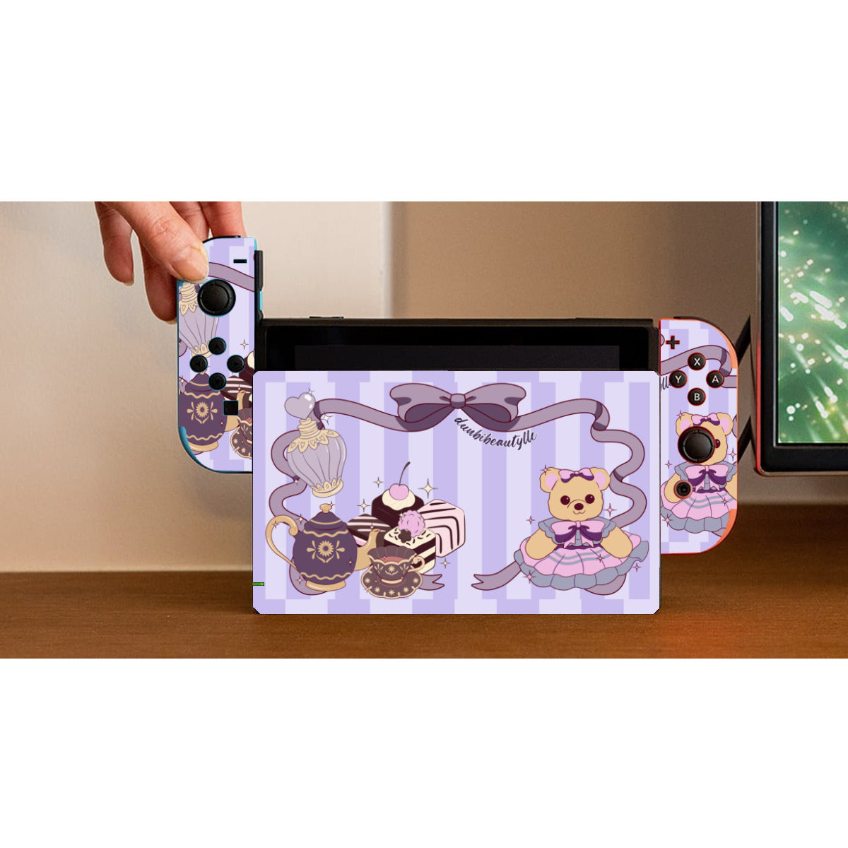 Nintendo Switch Game Console Stickers |PVC -Cute Teddy Bear, Tea Party, Ribbon, Bows, Cakes, Cute, Victorian, Doll, Cute Girl, Purple Style 1, Stripes (Designed by Dunbi)