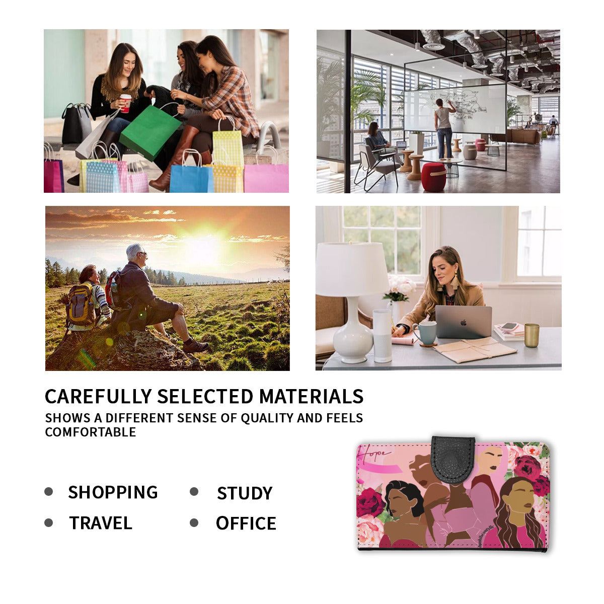 Customized Women's Purse|PU -Unity, Hope, Pink, Hot Pink, Burgundy, Roses, Breast Cancer Awareness, Women, Black, Hispanic, White, Hair, Smooth (Designed by Dunbi)