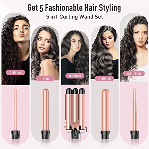 Beach Waver Curling Iron Wand, 5 in 1 Curling Wand Set with 3 Barrel Hair Crimper for Women, Fast Heating Hair Wand in All Hair Type - DunbiBeauty, LLC