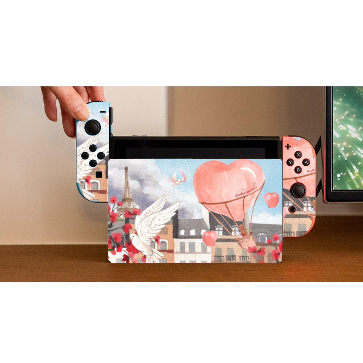 Nintendo Switch Game Console Stickers |PVC -Love Up in a Hot Air Balloon, Paris, Eiffel Tower, Dove, Flowers, Girl, Sky, Hearts (Designed by Dunbi)