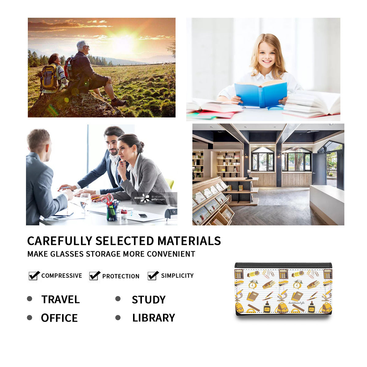 Eyeglass Case|PU - Back to School, Teacher, Student, Notebooks, School Supplies, Backpack, Brown, Gold, Gray, Notebook Paper (Designed by Dunbi)