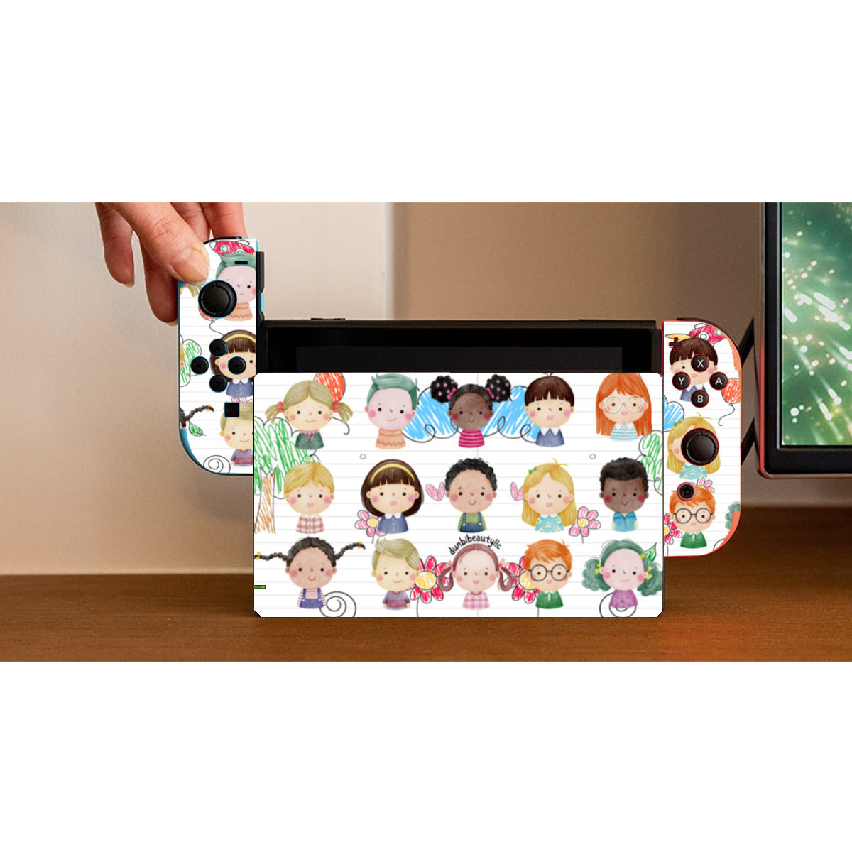 Nintendo Switch Game Console Stickers |PVC - Kids, Notebook, Rocket, Sun, Smiley, School Bus, Tree, Flowers, Hearts, Clouds, Nature, Children, Boys, Girls, Friendship (Designed by Dunbi)