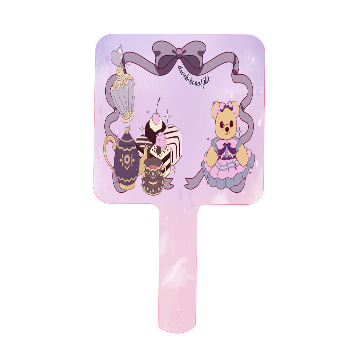 Handle Square Mirror|Rubber - Cute Teddy Bear, Tea Party, Ribbon, Bows, Cakes, Cute, Victorian, Doll, Cute Girl, Purple Style 2, Pastel Galaxy (Designed by Dunbi)