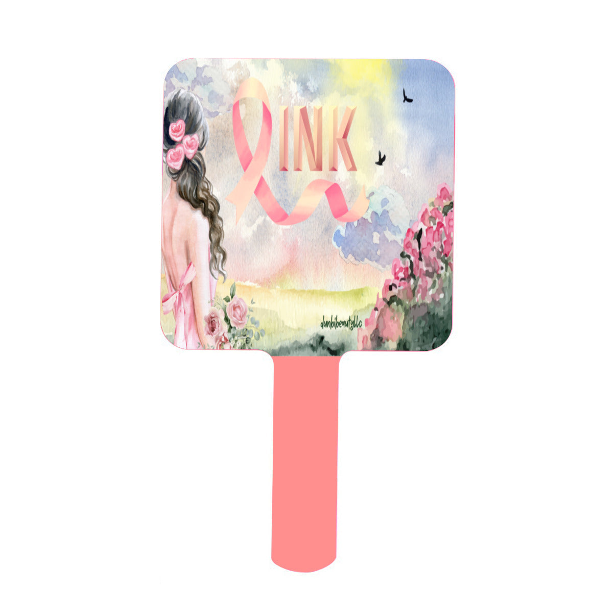 Handle Square Mirror|Rubber -Pastel Pink, Breast Cancer Awareness, Open Field, Day, Birds, Flowers, Bows and Ribbons, Watercolor Sunlight (Designed by Dunbi)