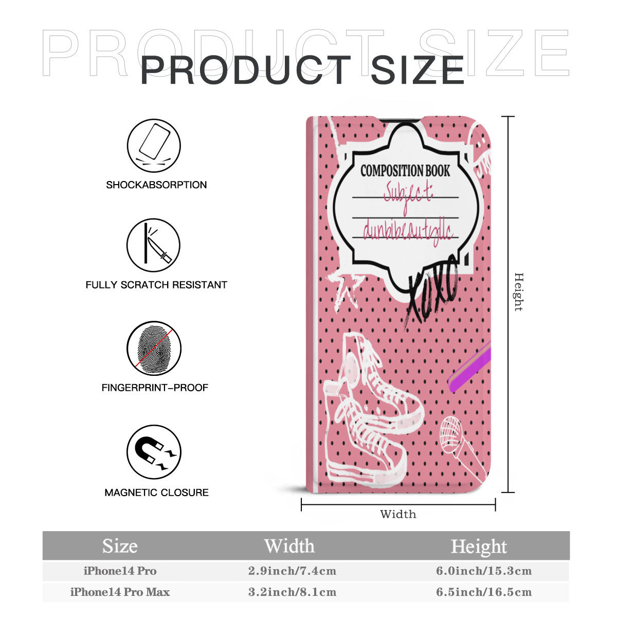 Phone14 Flip Phone Case (Triple Camera)| PU -Back to School, Composition Notebook Style, Doodles, Scribbles, Writing, Girl, Pink (Designed by Dunbi)
