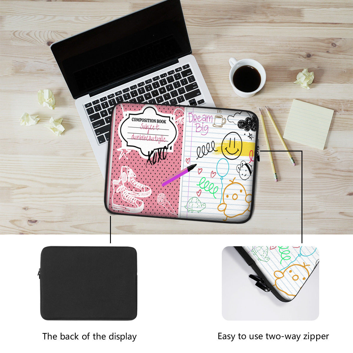 Laptop Padded Lined Bag|Polyester - Back to School, Composition Notebook Style, Doodles, Scribbles, Writing, Girl, Pink (Designed by Dunbi)