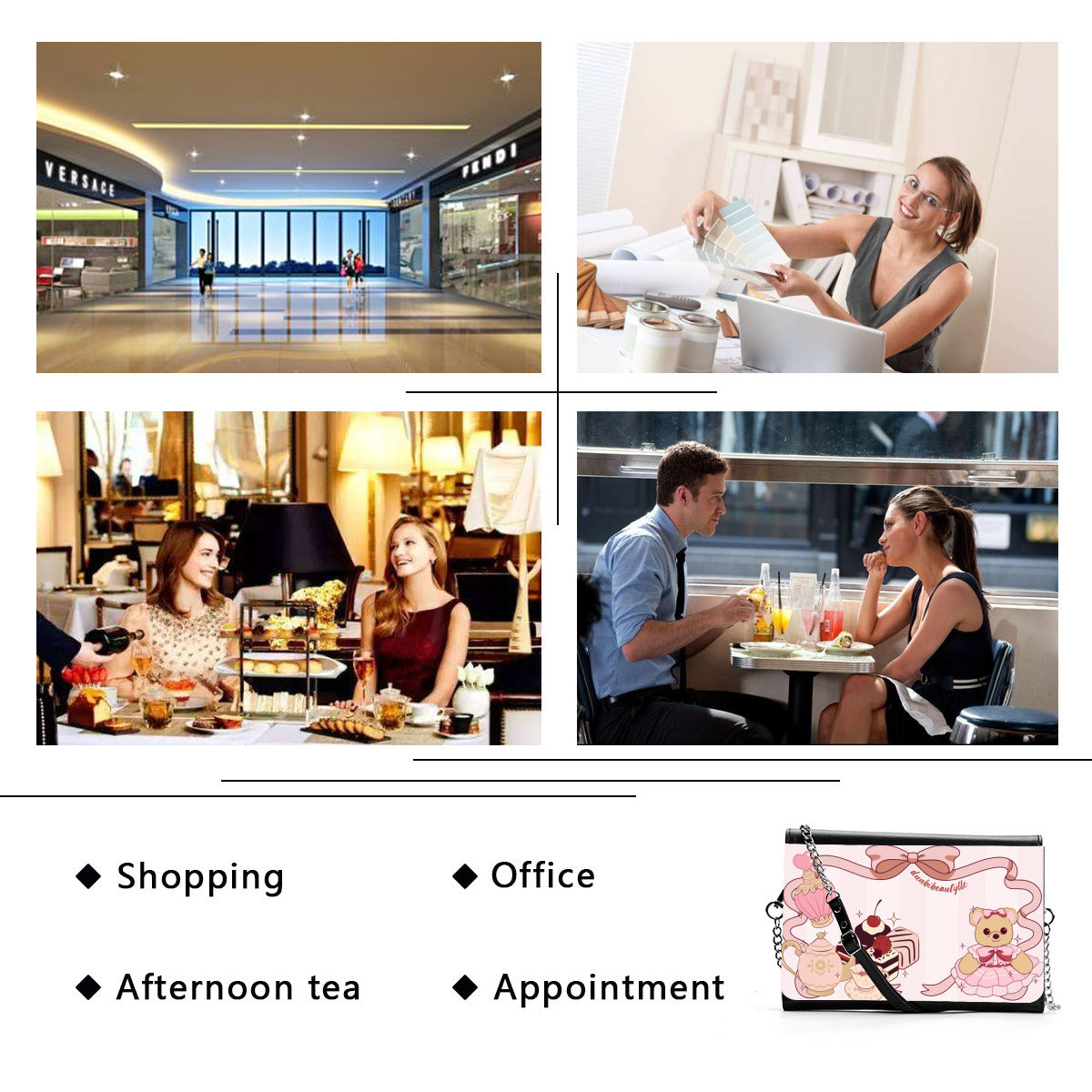 Women's Multifunctional Satchel| PU Cute Teddy Bear, Tea Party, Ribbon, Bows, Cakes, Cute, Victorian, Doll, Cute Girl, Pink Style 1, Stripes (Designed by Dunbi)