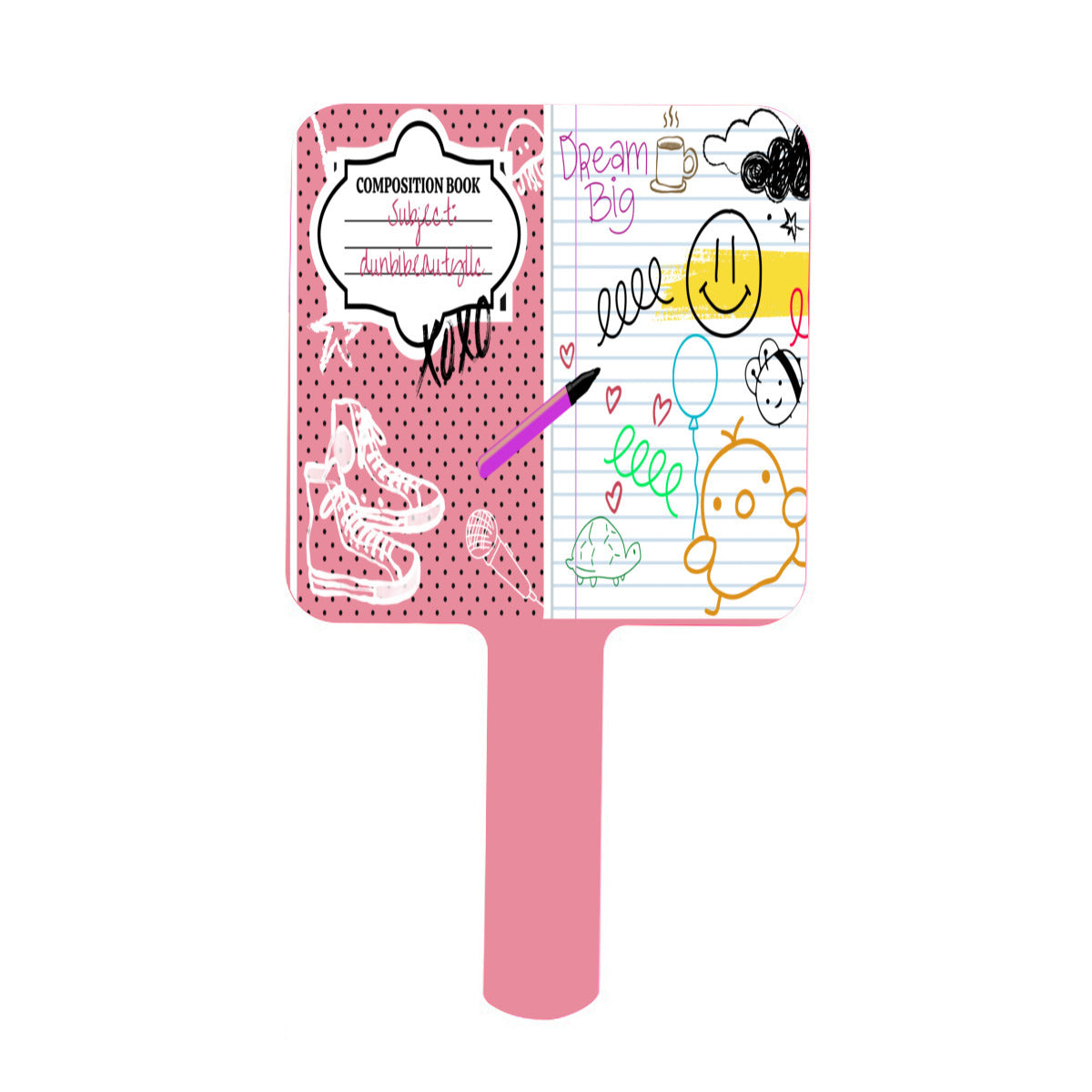 Handle Square Mirror|Rubber -Back to School, Composition Notebook Style, Doodles, Scribbles, Writing, Girl, Pink (Designed by Dunbi)