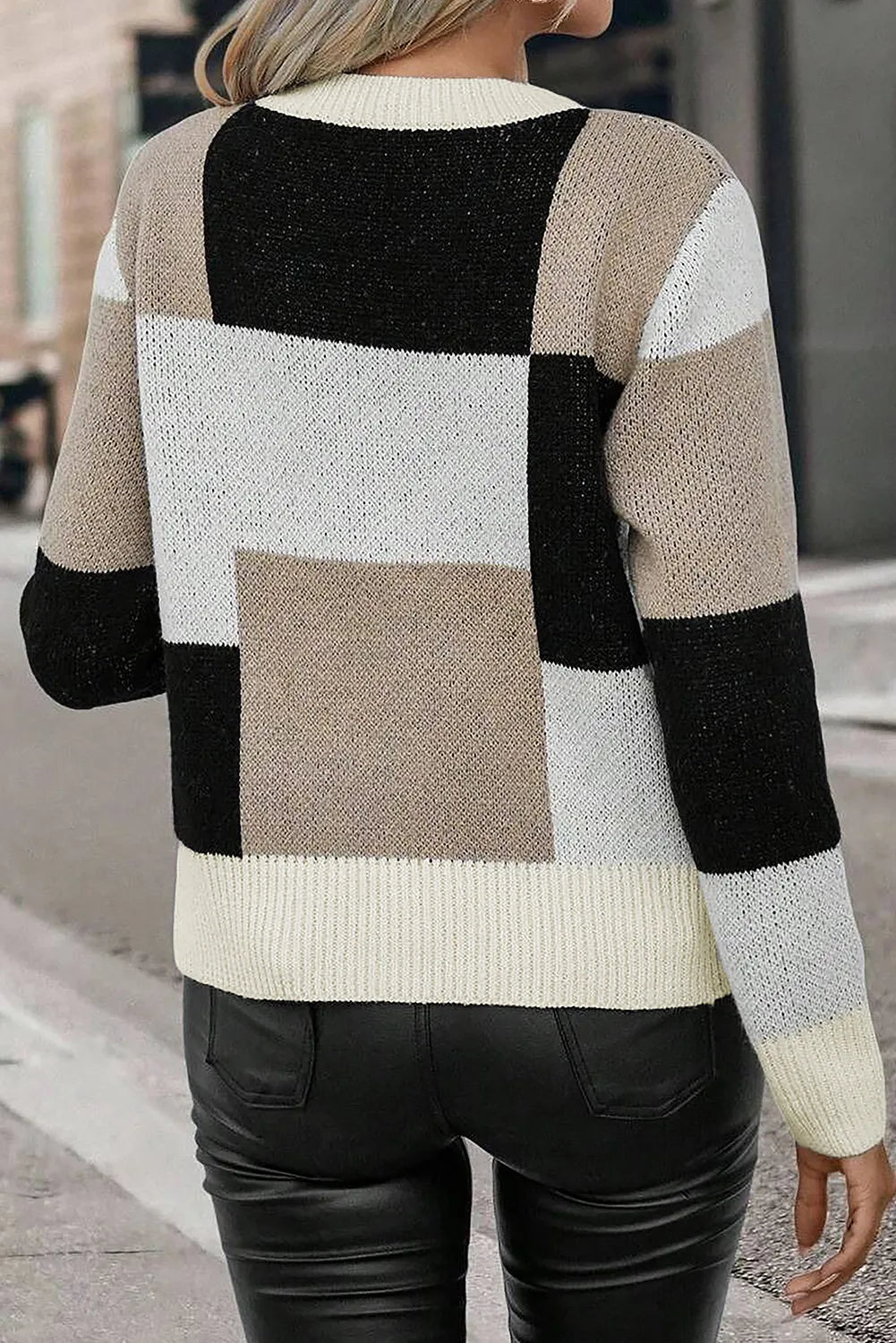 Color Block Round Neck Long Sleeve Sweater