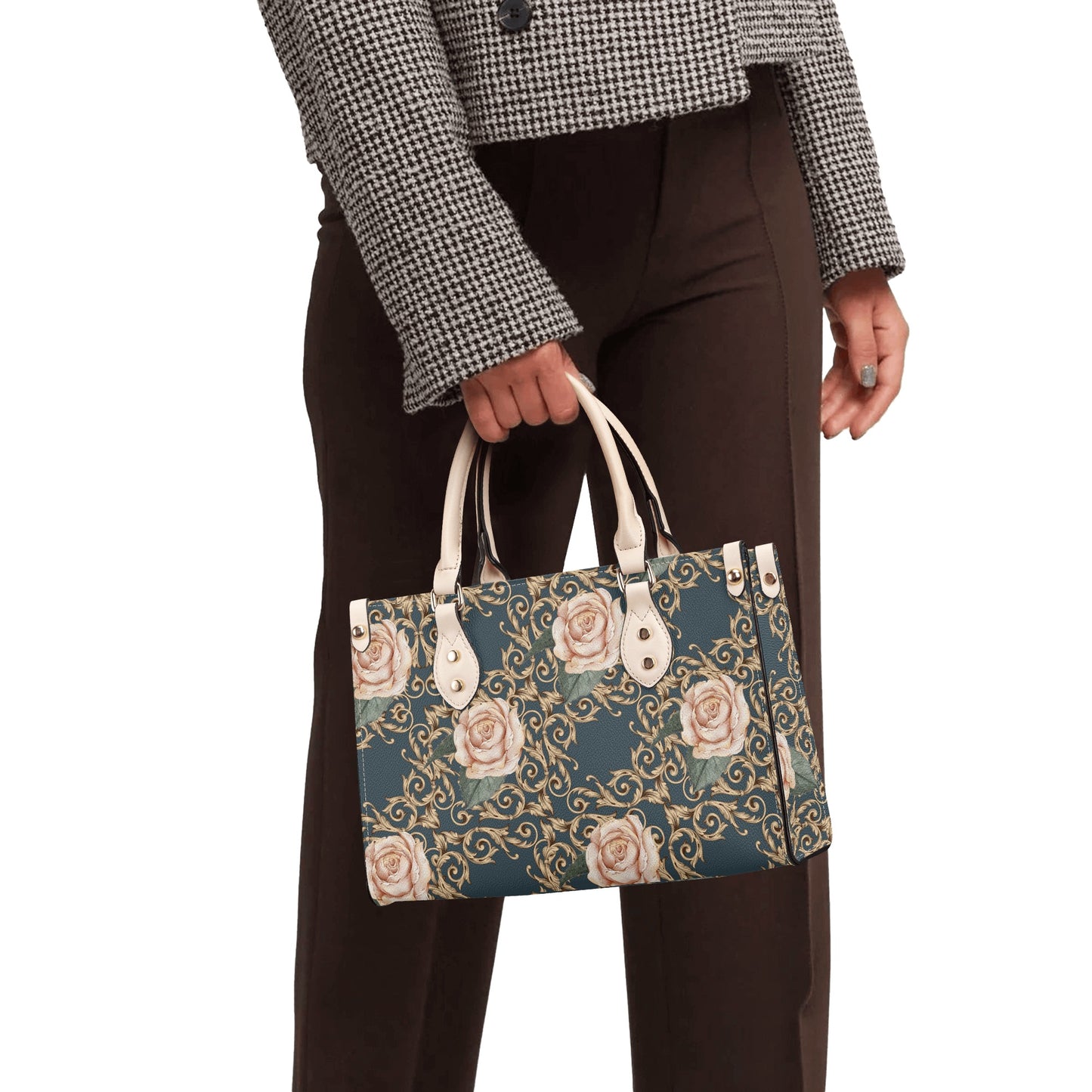 Luxury Women PU Tote Bag Baroque Vintage Style Rose in Deep Teal (Designed by Dunbi)