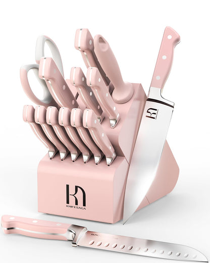 Pink Knife Set, KnifeSaga Kitchen Knife Set 15Pcs, Enduring Razor-Sharp Knife Block Set, High Carbon Stainless Steel Pink Knife Set with Block and sharpener, Premium Forged Knives Set for Kitchen