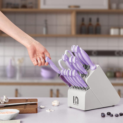 Knife Set, KnifeSaga Purple Kitchen Knife Set 15Pcs, Enduring Razor-Sharp Knife Block Set, High Carbon Stainless Steel Purple Knife Set with Block and sharpener, Premium Forged Knives Set for Kitchen