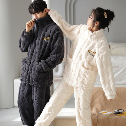 Flannel Couple Pajamas Men's Autumn And Winter Thickened Keep Warm New Zipper Cardigan Cute Coral Fleece Homewear