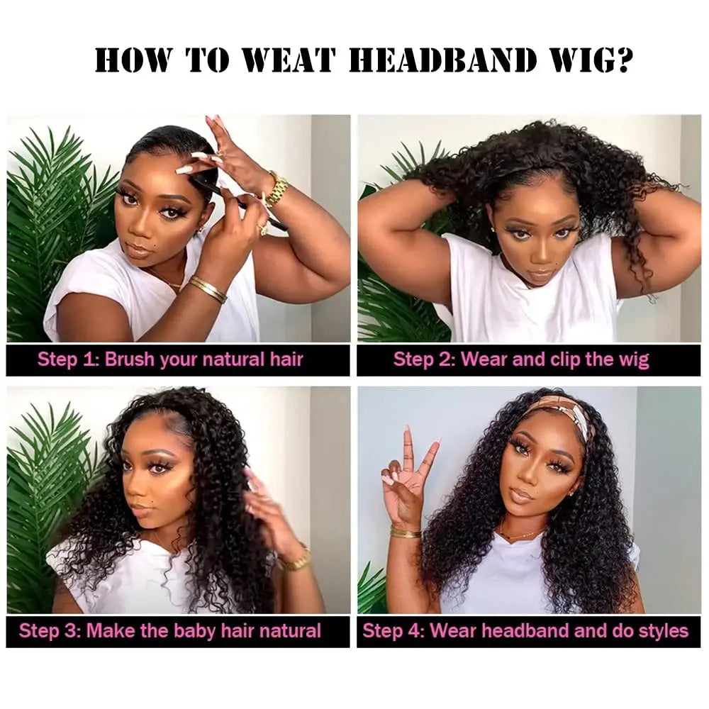 Kinky Curly Headband Human Hair Wig Glueless Wear and Go Headband Wig Human Hair Wig Deep Curly Human Hair Wig for Black Women