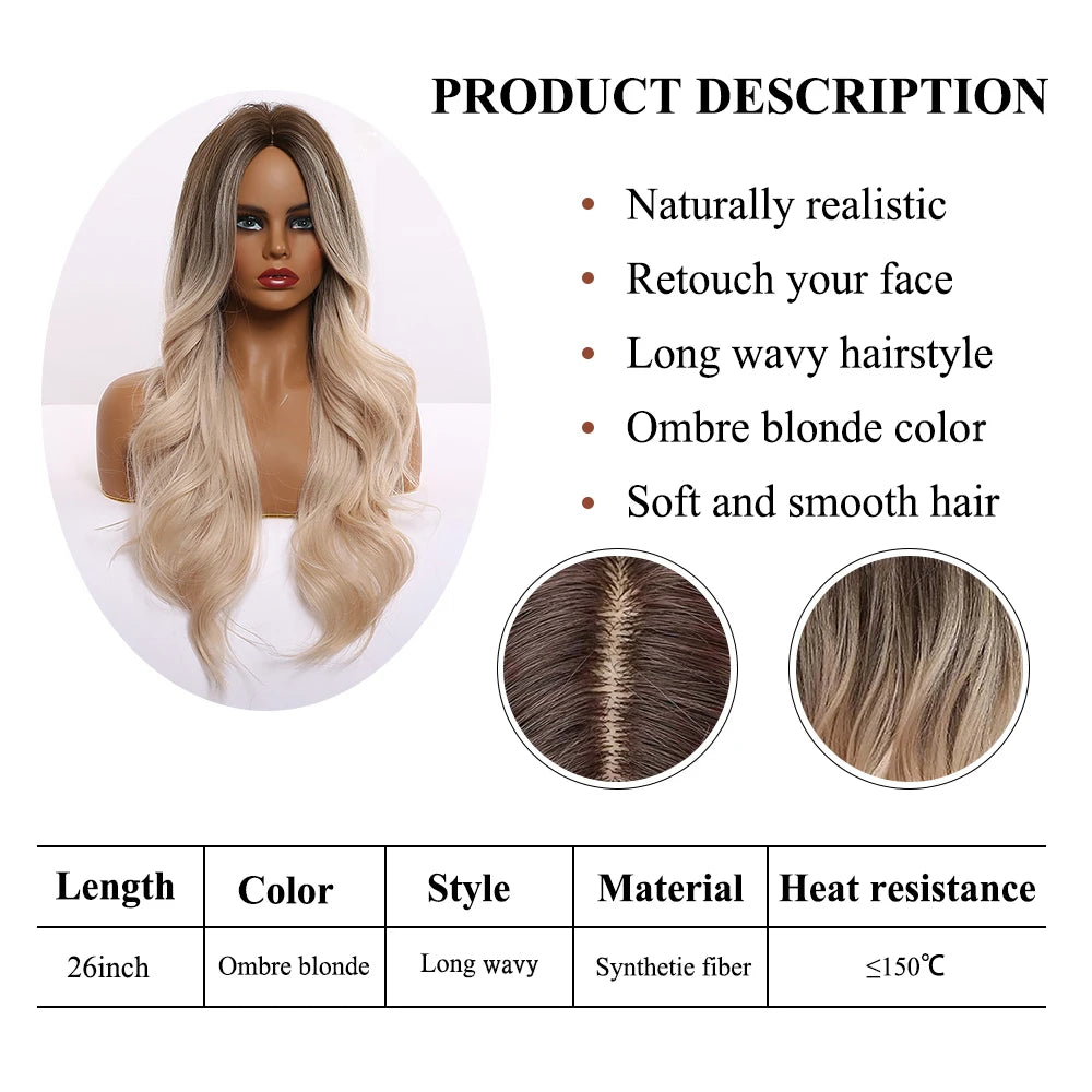 EASIHAIR Ombre Brown Light Blonde Platinum Long Wavy Middle Part Hair Wig Cosplay Natural Heat Resistant Synthetic Wig for Women